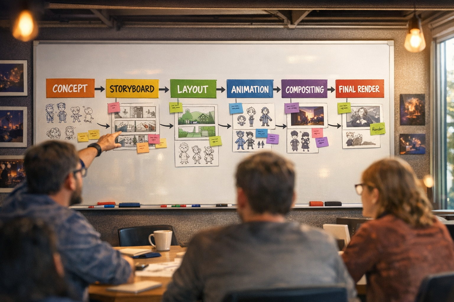 Animasyon stüdyosu ekip toplantısı