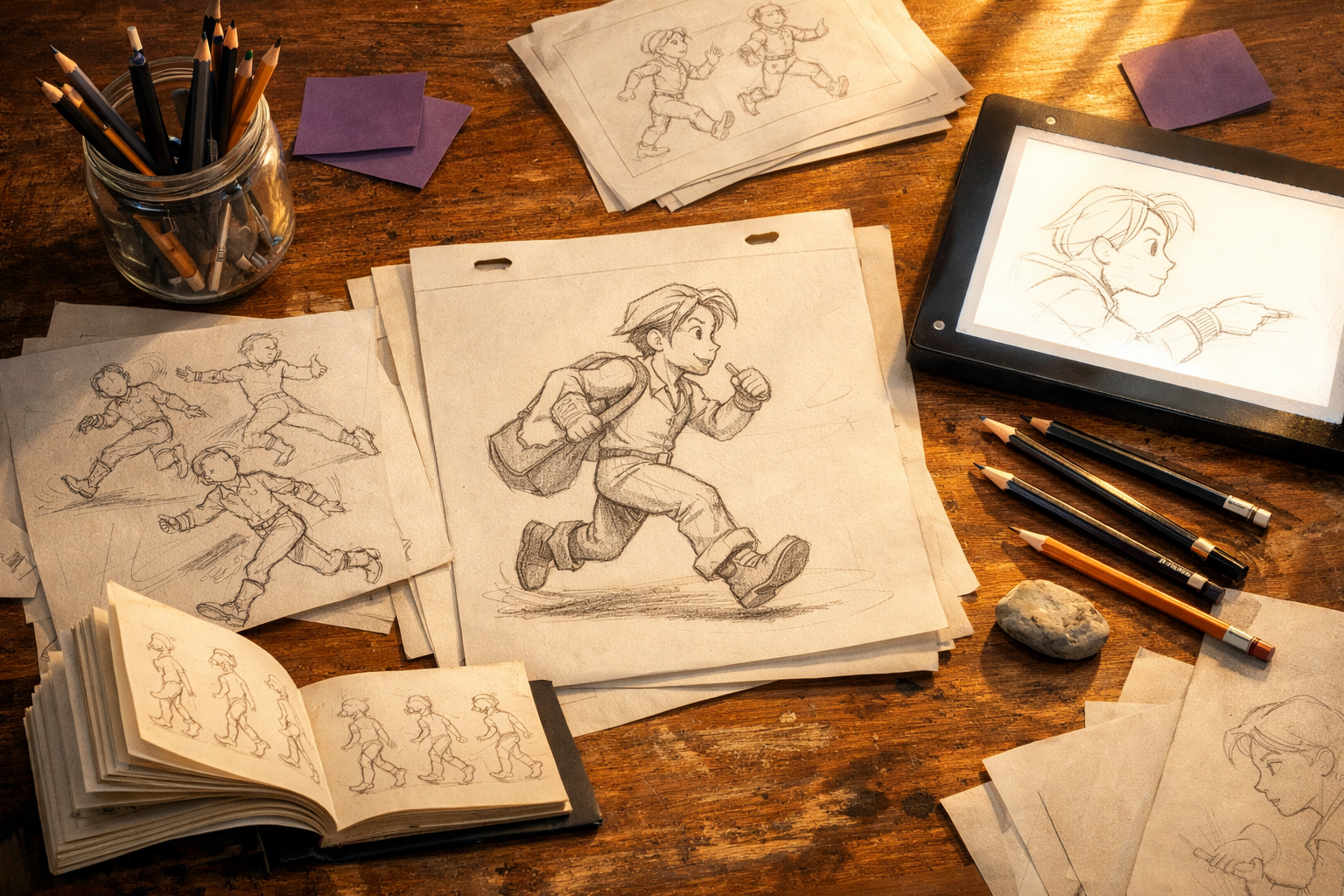 Animatör çalışma masası ve eskizler